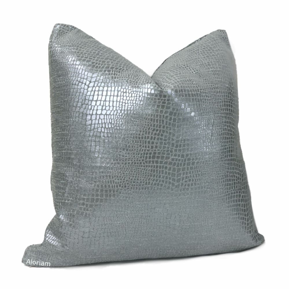 Caiman Silver Blue Metallic Faux Crocodile Skin Pillow Cover - Aloriam