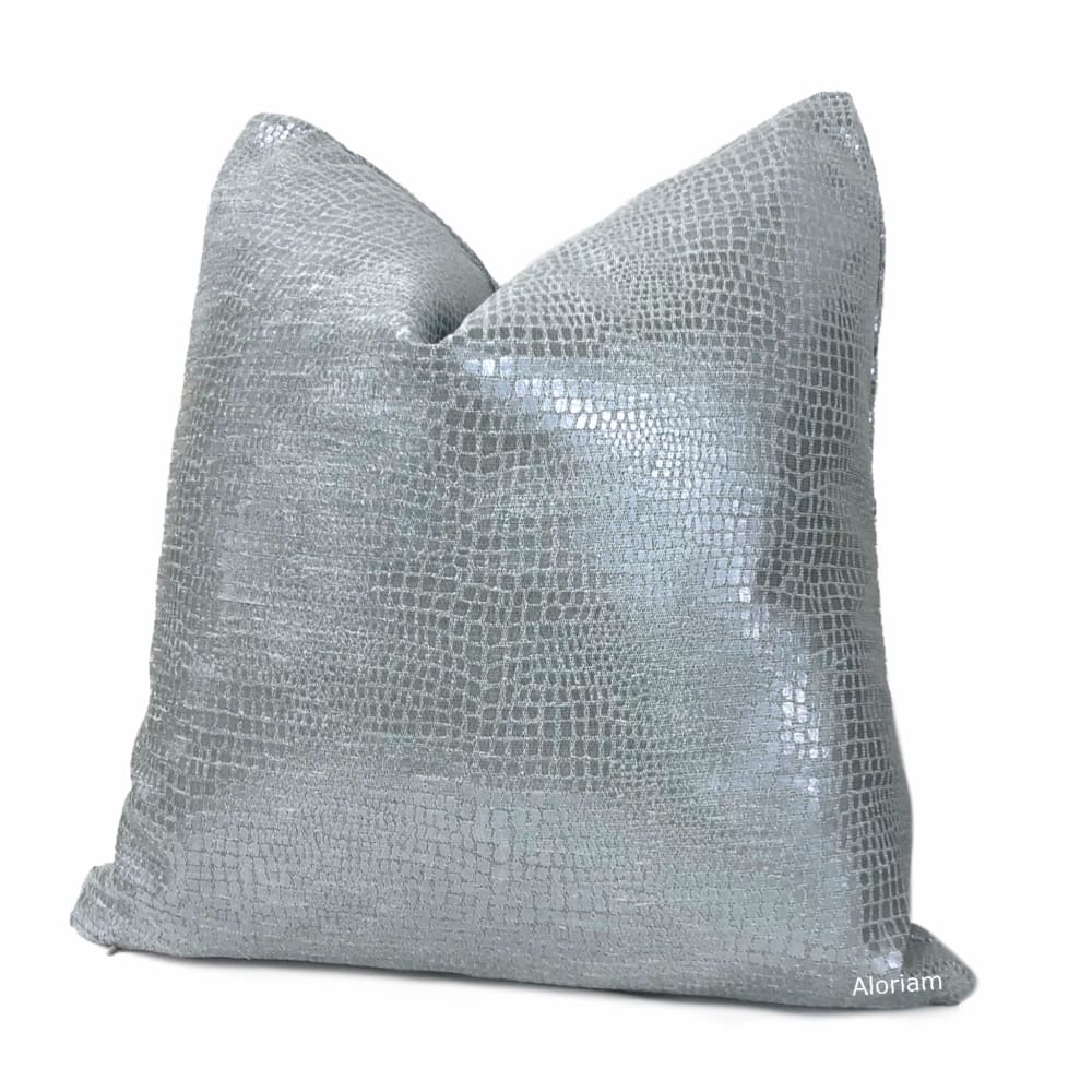 Caiman Silver Blue Metallic Faux Crocodile Skin Pillow Cover - Aloriam