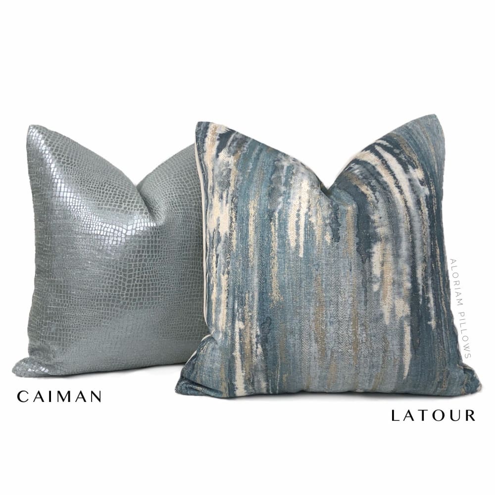 Caiman Silver Blue Metallic Faux Crocodile Skin Pillow Cover - Aloriam