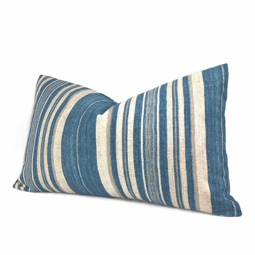 Cape Cod Blue Beige Stripe Cotton Print Pillow Cover - Aloriam