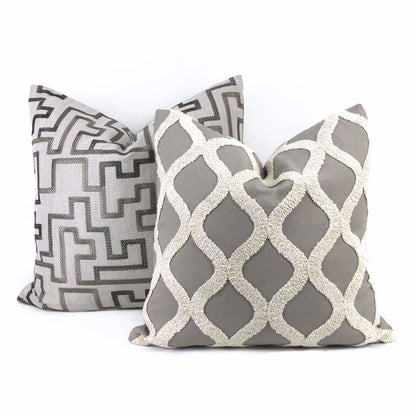 Carlyle Boucle Embroidered Gray & Cream Trellis Pillow Cover Cushion Pillow Case Euro Sham 16x16 18x18 20x20 22x22 24x24 26x26 28x28 Lumbar Pillow 12x18 12x20 12x24 14x20 16x26 by Aloriam