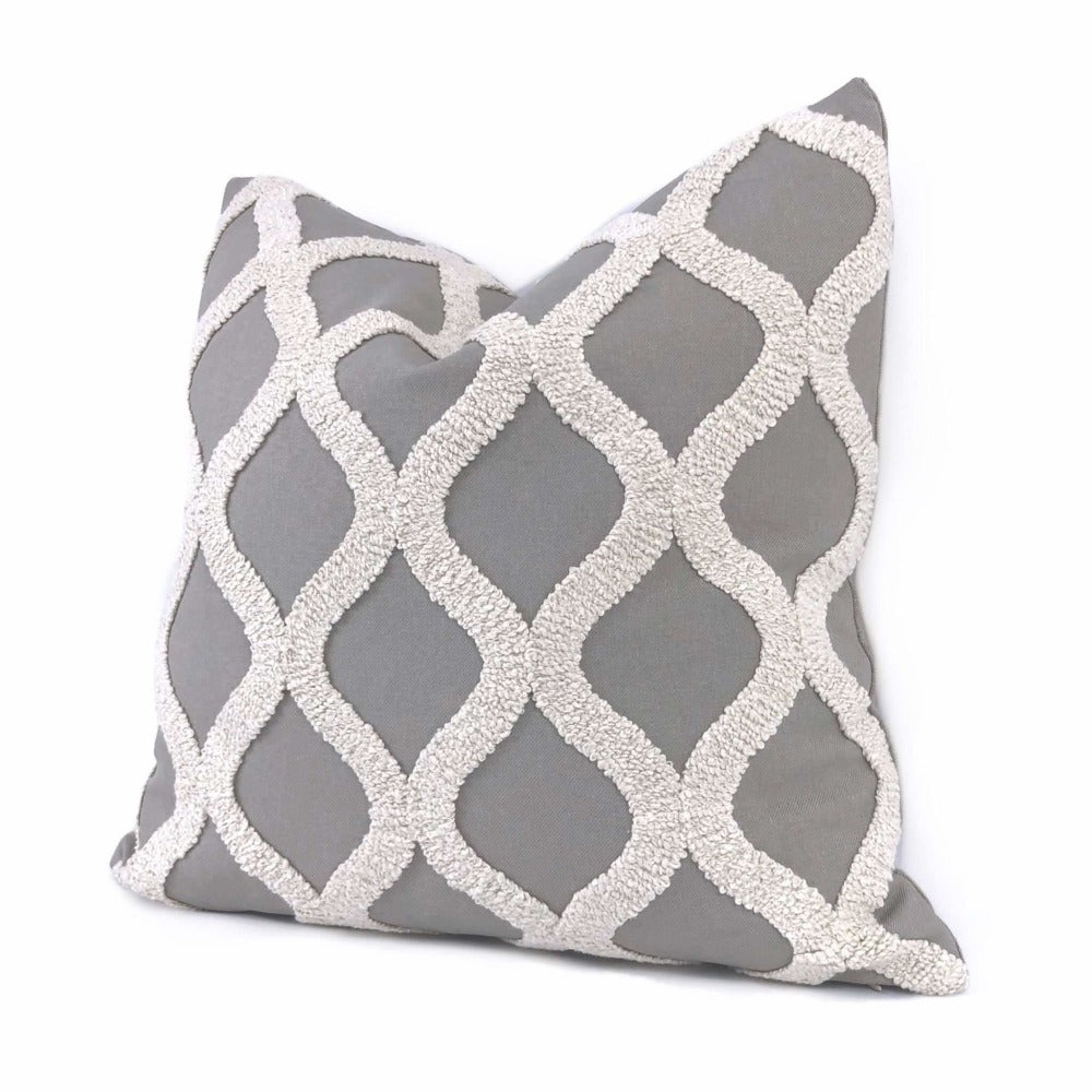 Carlyle Boucle Embroidered Gray & Cream Trellis Pillow Cover Cushion Pillow Case Euro Sham 16x16 18x18 20x20 22x22 24x24 26x26 28x28 Lumbar Pillow 12x18 12x20 12x24 14x20 16x26 by Aloriam