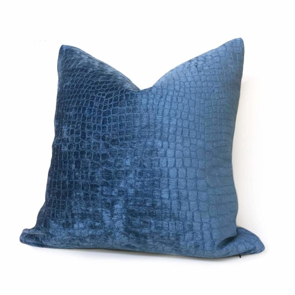 Cerulean Blue Crocodile Alligator Shiny Chenille Velvet Designer Pillow Cover