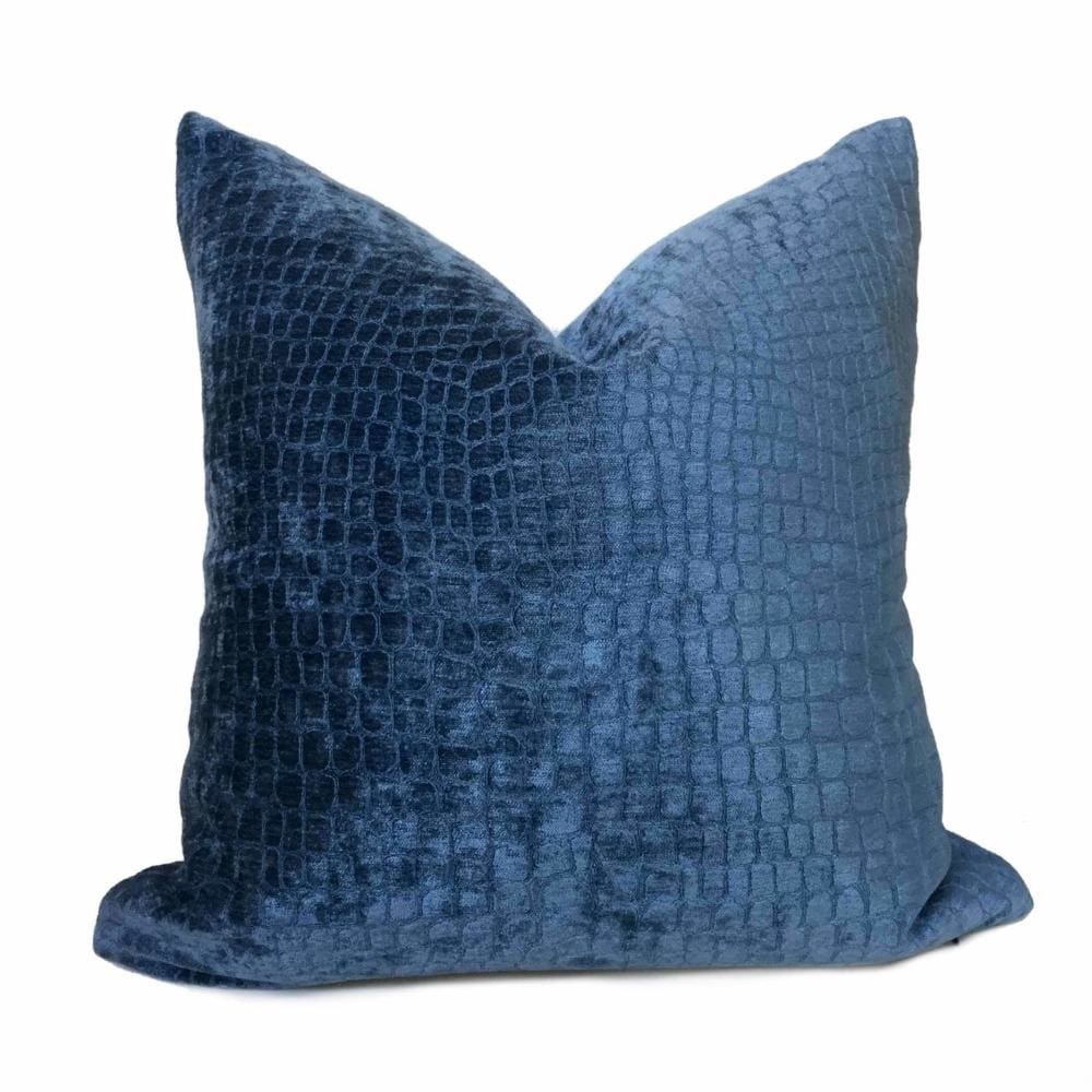 Cerulean Blue Crocodile Alligator Shiny Chenille Velvet Pillow