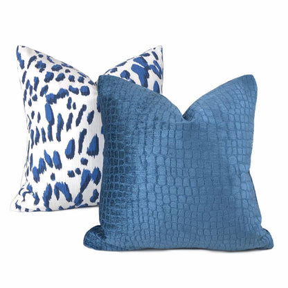 Cerulean Blue Crocodile Alligator Shiny Chenille Velvet Pillow Cover - Aloriam