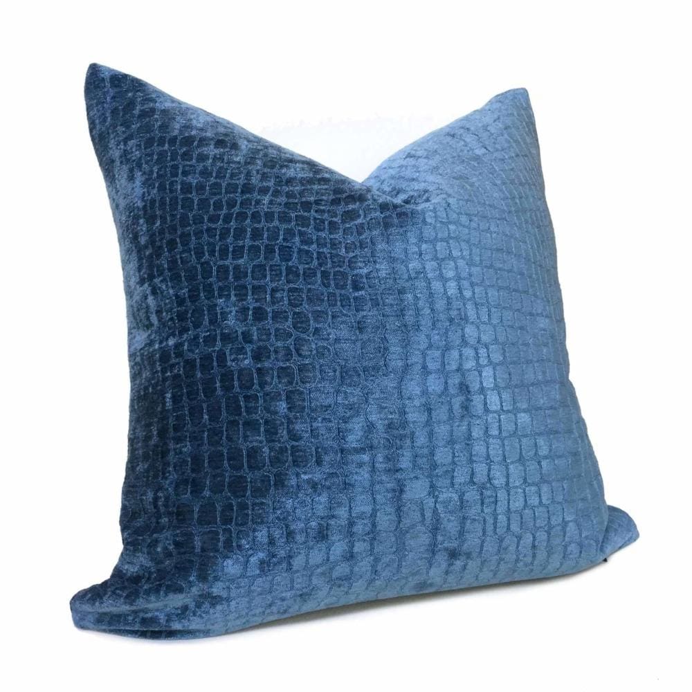 Cerulean Blue Crocodile Alligator Shiny Chenille Velvet Throw Pillow Cover