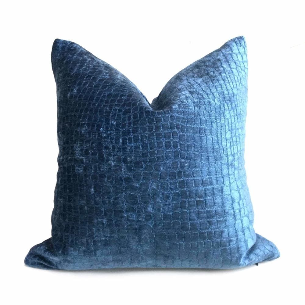 Cerulean Blue Crocodile Alligator Shiny Chenille Velvet Pillow Cover