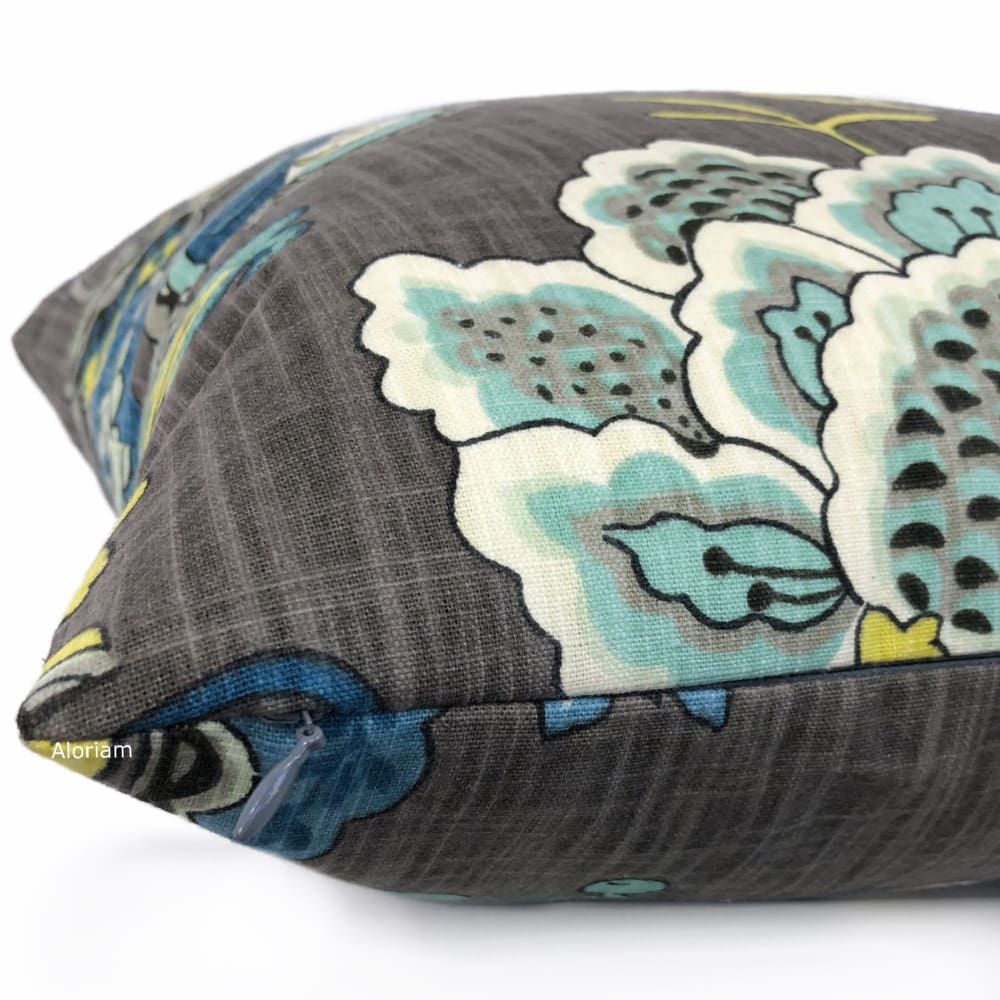 Charlotte Gray Blue Jacobean Floral Print Pillow Cover - Aloriam