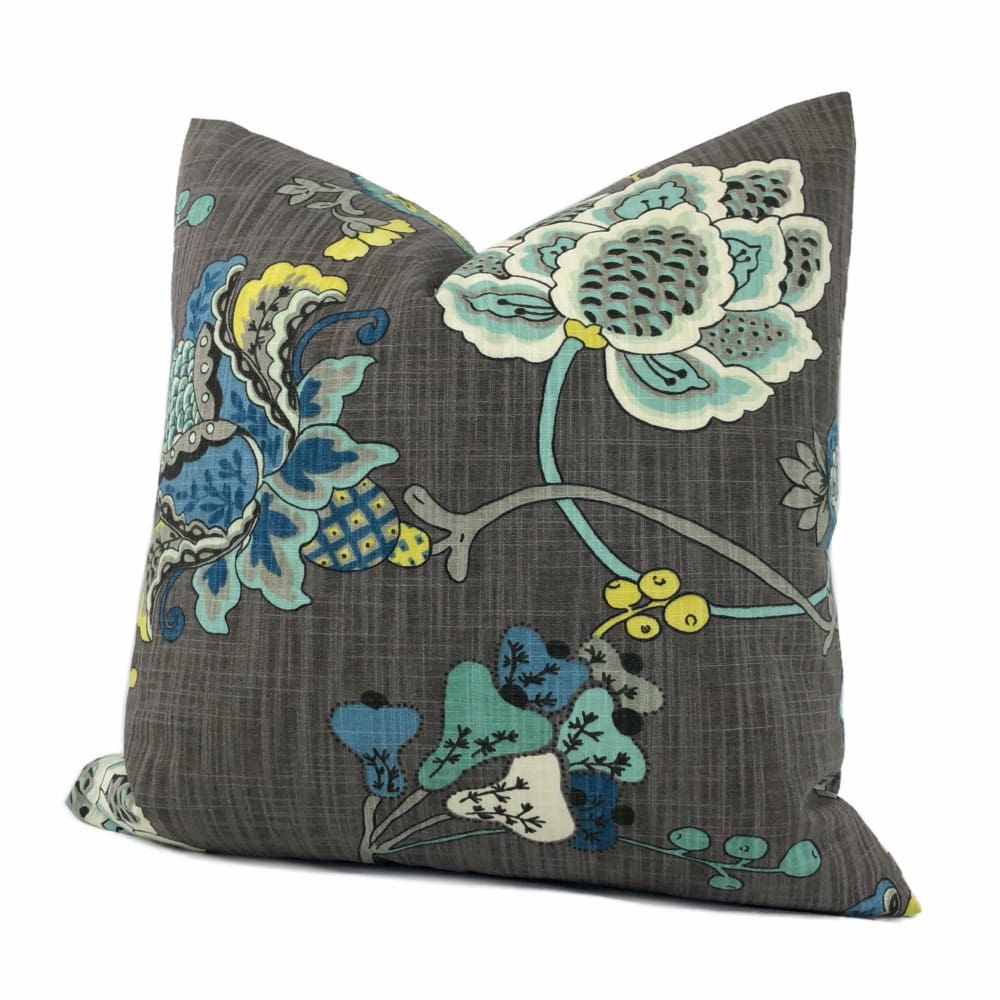 Charlotte Gray Blue Jacobean Floral Print Pillow Cover - Aloriam