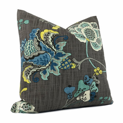 Charlotte Gray Blue Jacobean Floral Print Pillow Cover - Aloriam