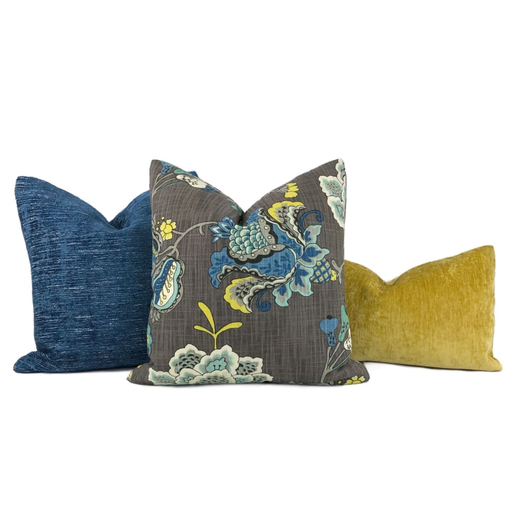 Charlotte Gray Blue Jacobean Floral Print Pillow Cover - Aloriam