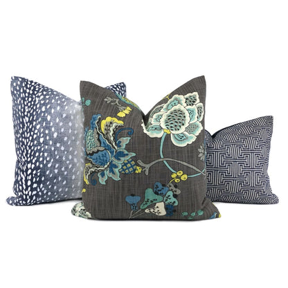 Charlotte Gray Blue Jacobean Floral Print Pillow Cover - Aloriam