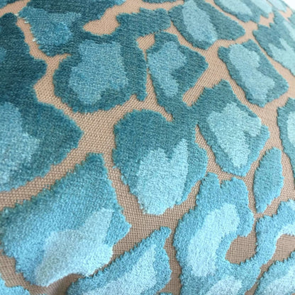 Designer Turquoise Blue Beige Leopard Animal Spots Cut Velvet Pillow Cover