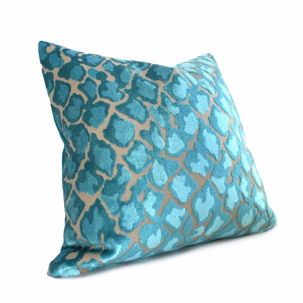 Designer Turquoise Blue Beige Leopard Animal Spots Cut Velvet Pillow Cover