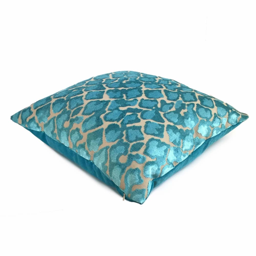 Designer Turquoise Blue Beige Leopard Animal Spots Cut Velvet Pillow Cover