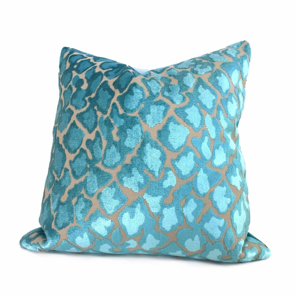 Designer Turquoise Blue Beige Leopard Animal Spots Cut Velvet Pillow Cover