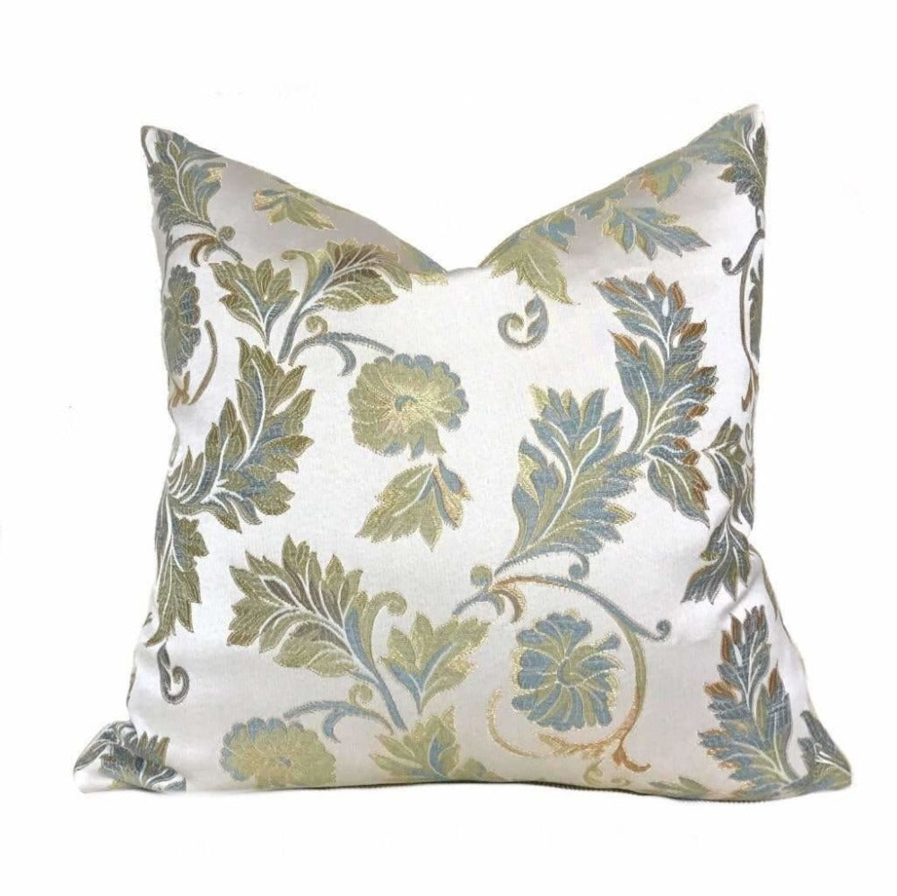 Cream Gold Green Blue Brown Floral Botanical Pattern Pillow Cover