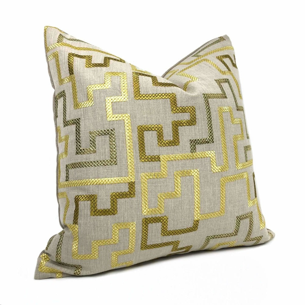 Cypher Metallic Gold Beige Embroidered Maze Linen Pillow Cover Fabric Aloriam