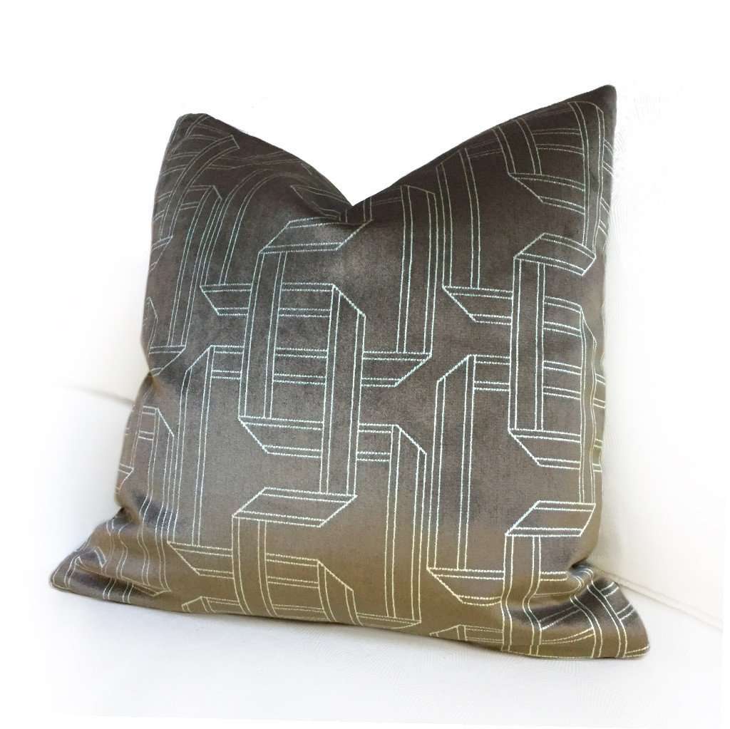 Dark Brown Silver Gray Velvet Geometric Pattern Pillow Cover by Aloriam