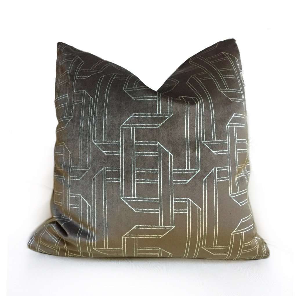 Dark Brown Silver Gray Velvet Geometric Pattern Pillow Cover by Aloriam