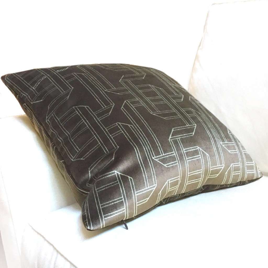 Dark Brown Silver Gray Velvet Geometric Pattern Pillow Cover by Aloriam