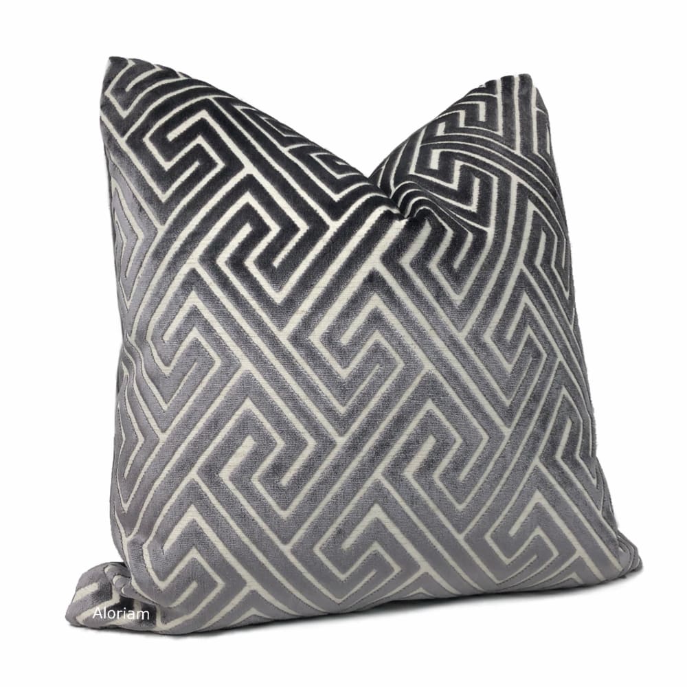 Delphi Dark Gray Greek Key Cut Velvet Pillow Cover - Aloriam