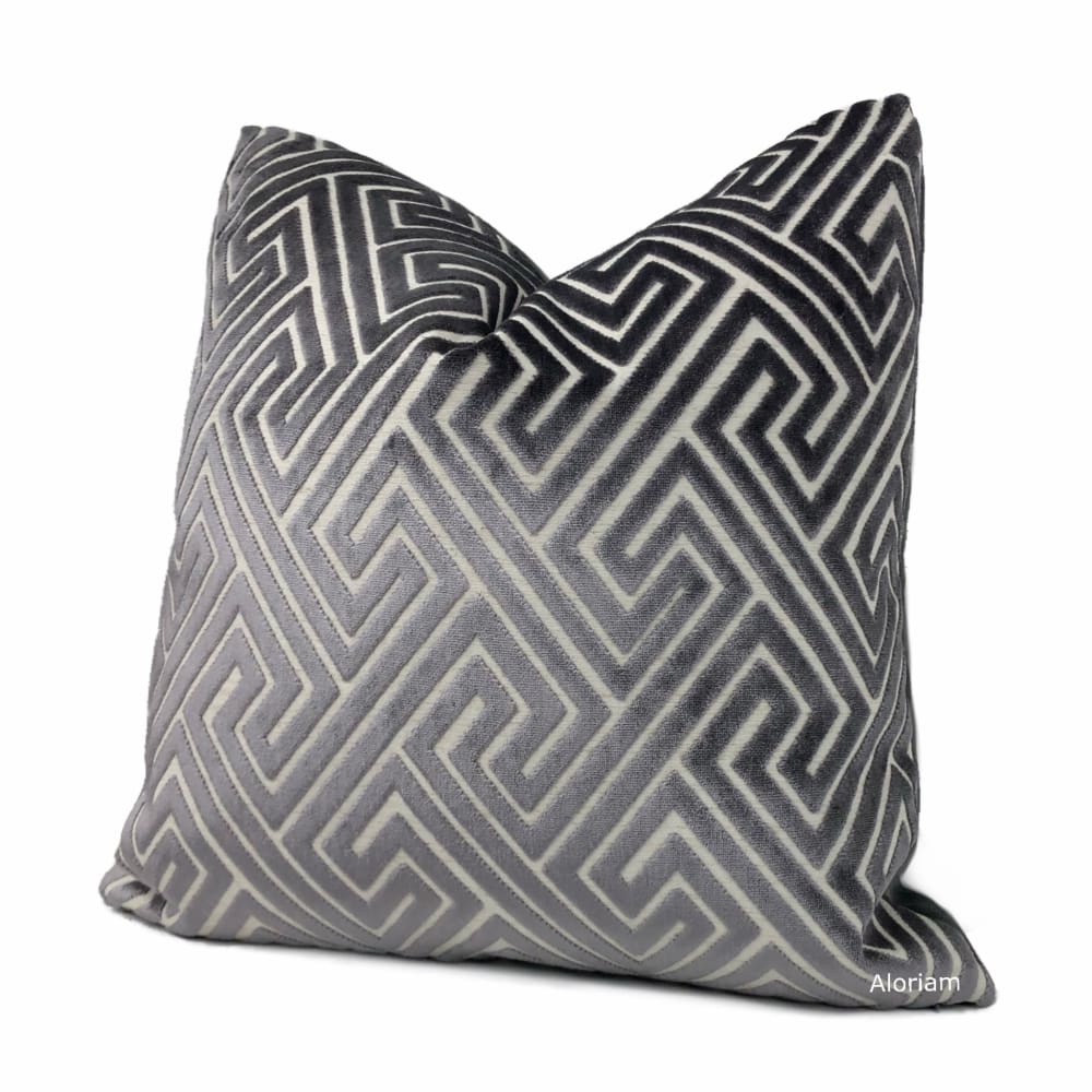 Delphi Dark Gray Greek Key Cut Velvet Pillow Cover - Aloriam