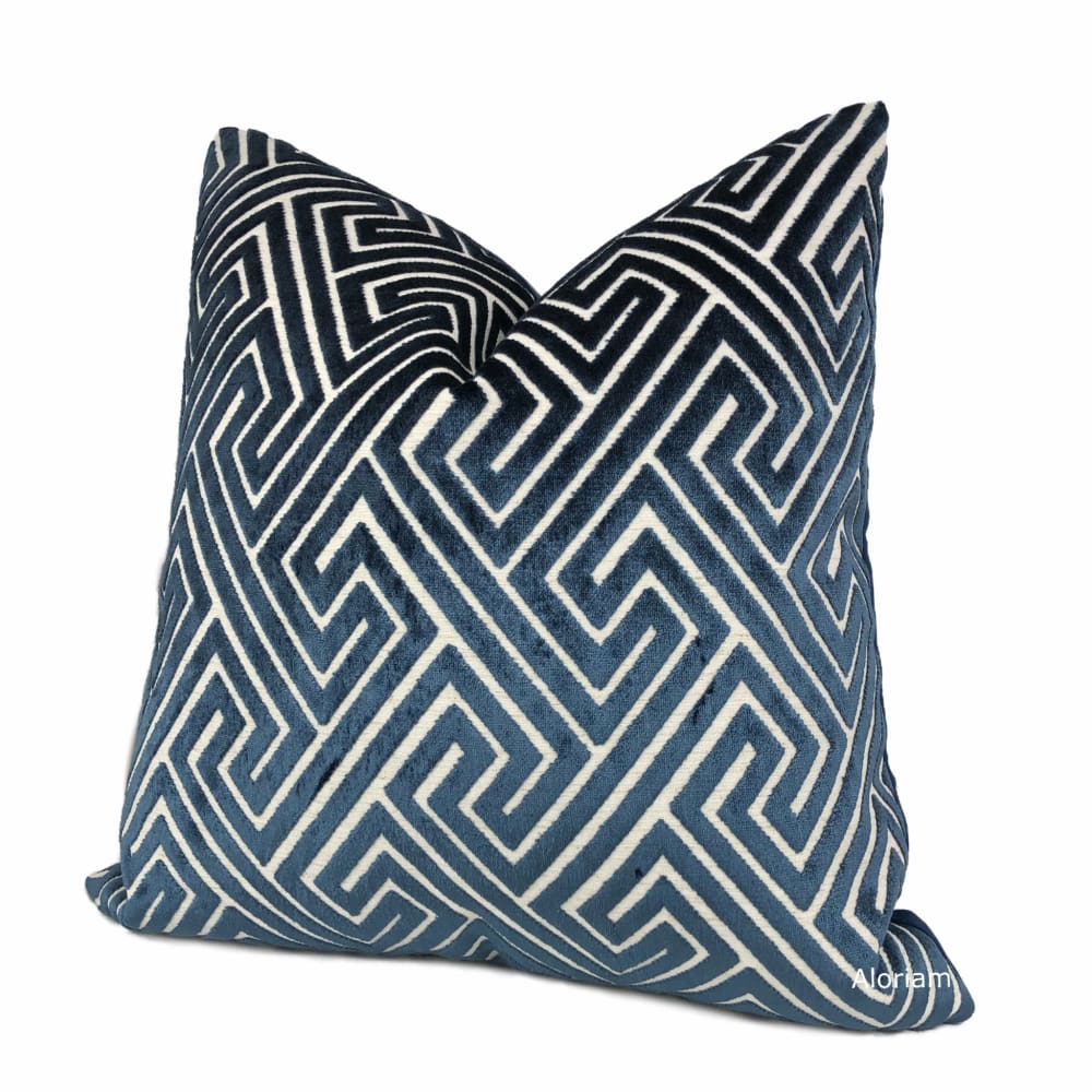 Delphi Navy Blue Greek Key Cut Velvet Pillow Cover - Aloriam