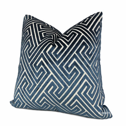 Delphi Navy Blue Greek Key Cut Velvet Pillow Cover - Aloriam