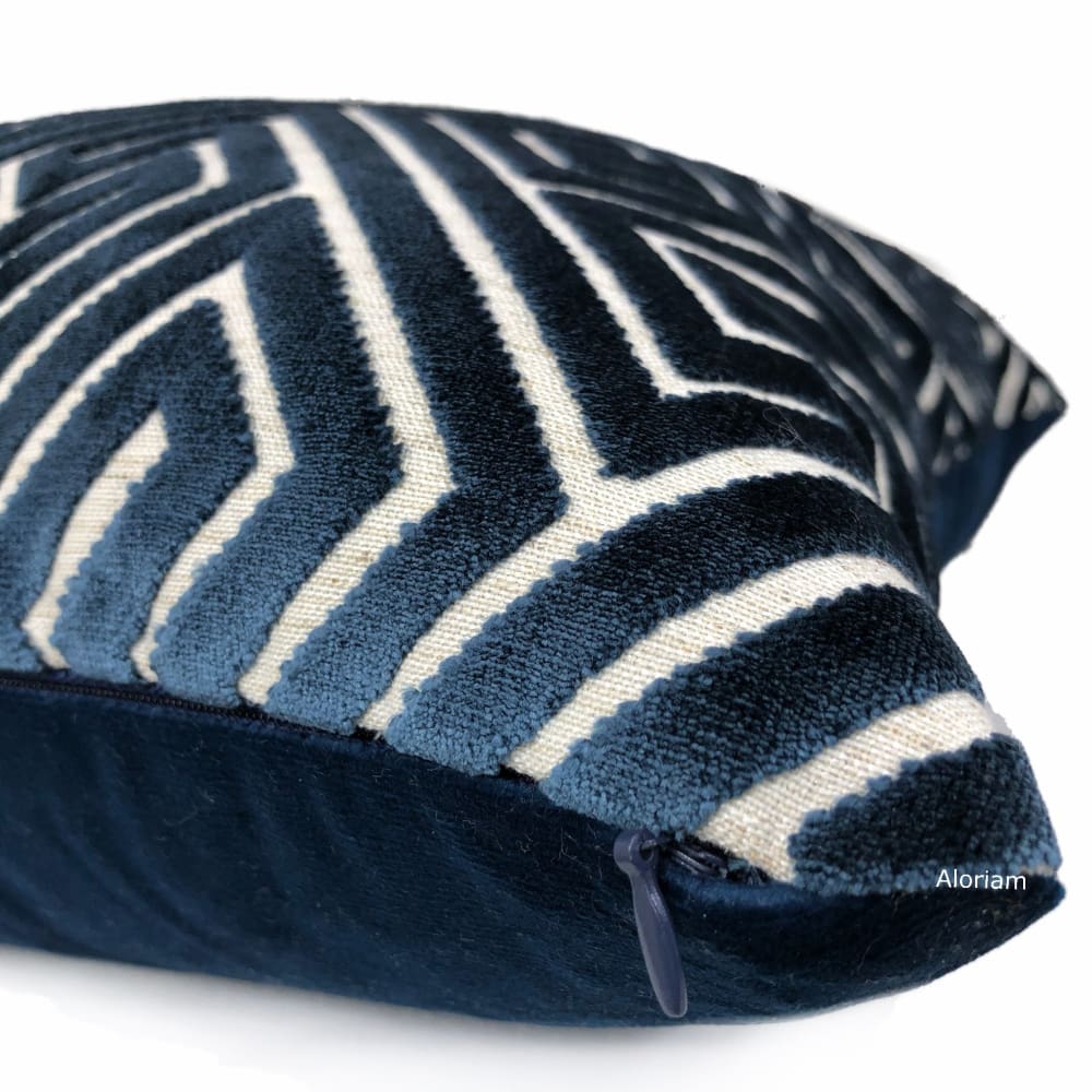 Delphi Navy Blue Greek Key Cut Velvet Pillow Cover - Aloriam