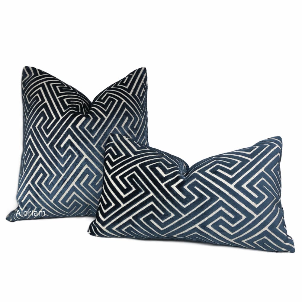 Delphi Navy Blue Greek Key Cut Velvet Pillow Cover - Aloriam