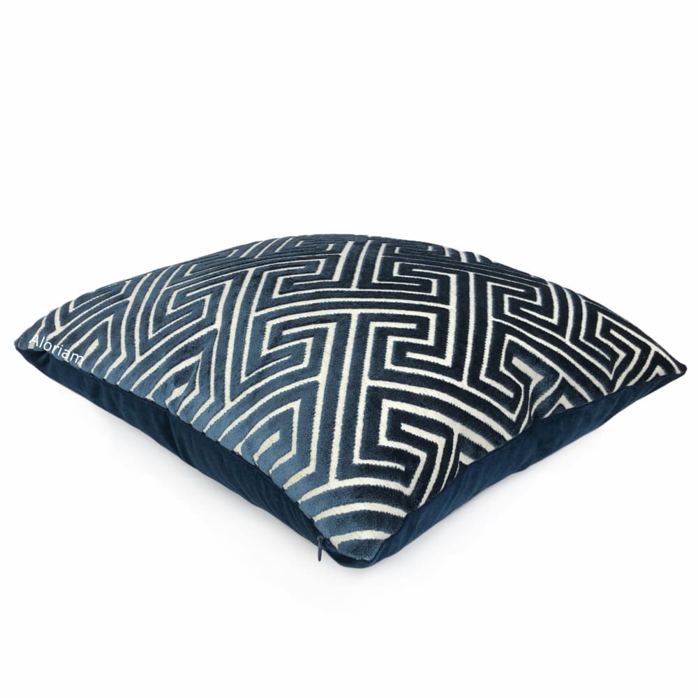 Delphi Navy Blue Greek Key Cut Velvet Pillow Cover - Aloriam