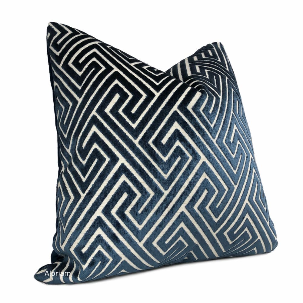 Delphi Navy Blue Greek Key Cut Velvet Pillow Cover - Aloriam