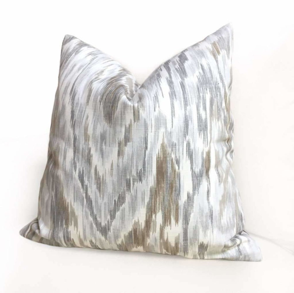 Designer Abstract Ethnic Ikat Gray Brown Off-White Cotton Print Pillow Cover by Aloriam