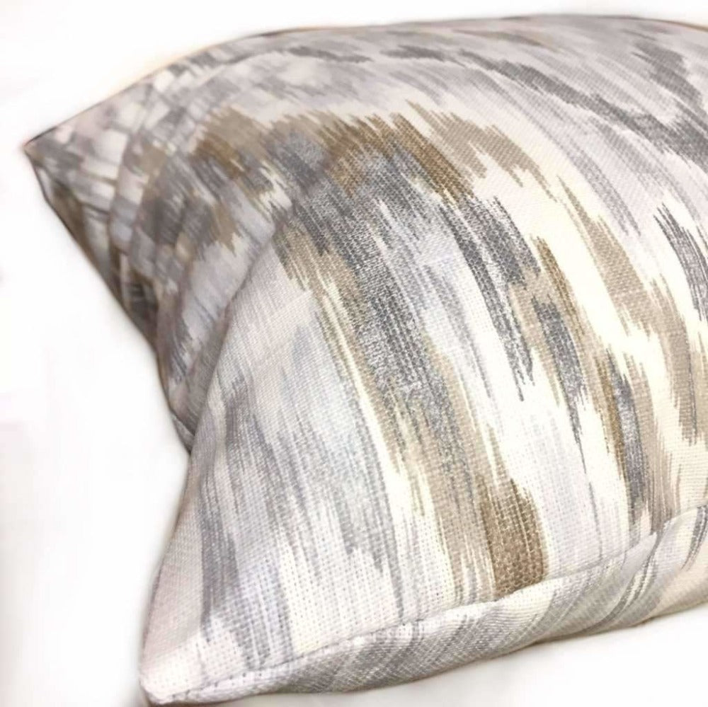 Designer Abstract Ethnic Ikat Gray Brown Off-White Cotton Print Pillow Cover by Aloriam