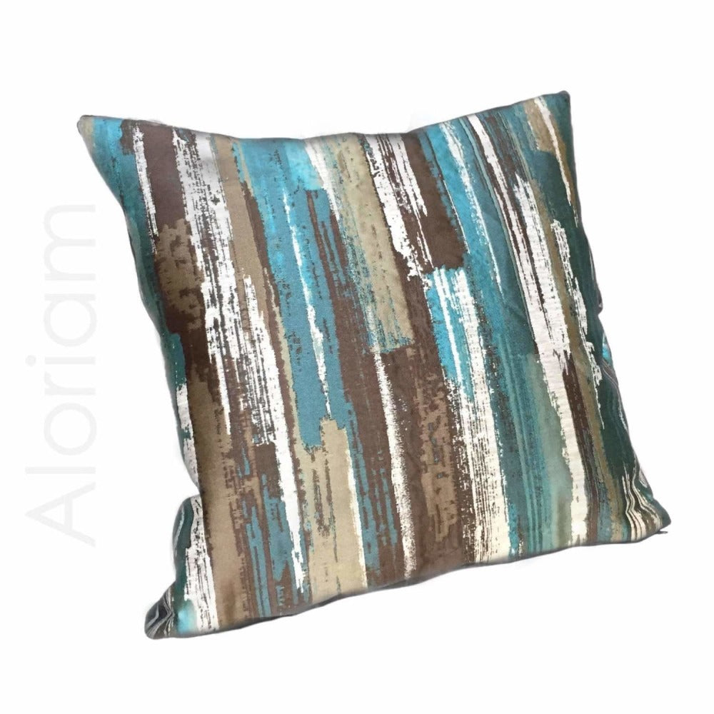 Designer Abstract Paint Brush Strokes Teal Green Brown Beige Pillow Cushion Cover