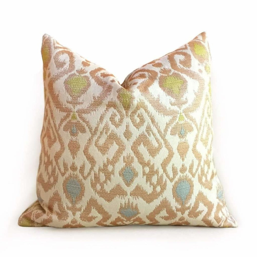 Designer Beige Brown Green Blue Ikat Ethnic Pillow Cover Fits 12x18, 12x24, 14x20, 16x26 16" 18" 20" 22" 24" Cushion Inserts