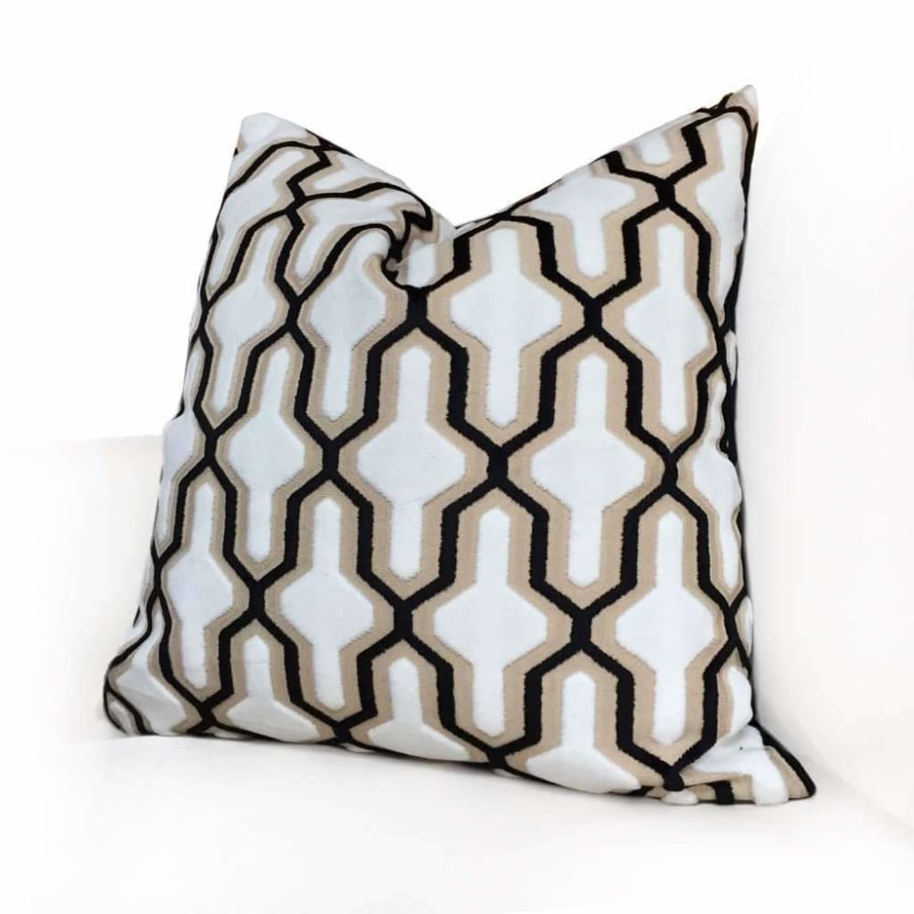 Designer Cut Velvet White Black Beige Geometric Trellis Pillow Cover - Aloriam