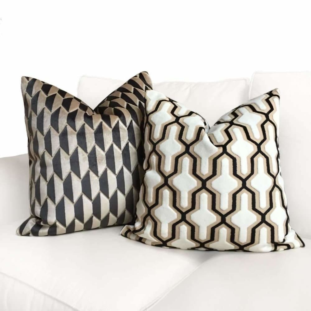 Designer Cut Velvet White Black Beige Geometric Trellis Pillow Cover - Aloriam