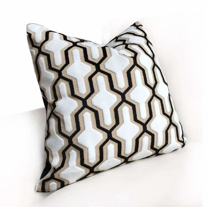 Designer Cut Velvet White Black Beige Geometric Trellis Pillow Cover - Aloriam