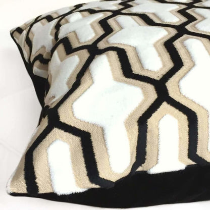 Designer Cut Velvet White Black Beige Geometric Trellis Pillow Cover - Aloriam