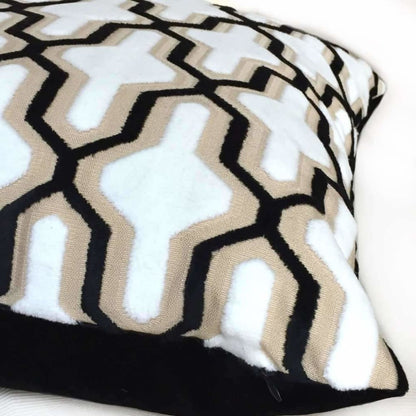 Designer Cut Velvet White Black Beige Geometric Trellis Pillow Cover - Aloriam