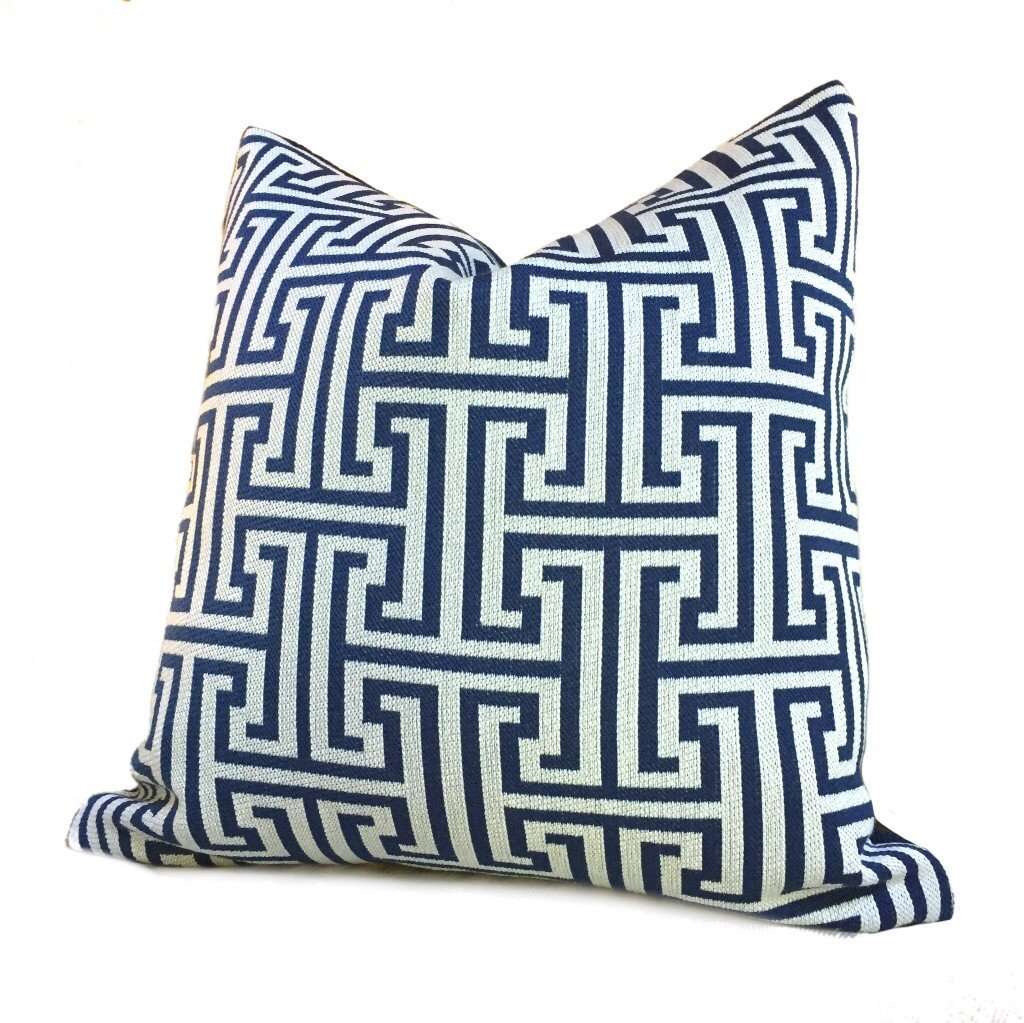 Designer Dark Blue Beige Greek Key Geometric Pillow Cover by Aloriam