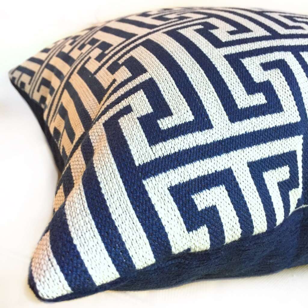 Designer Dark Blue Beige Greek Key Geometric Pillow Cover by Aloriam