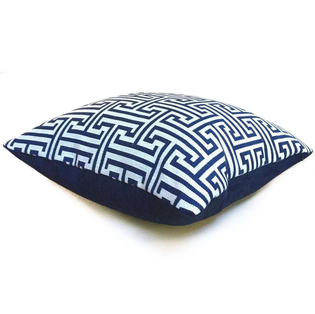 Designer Dark Blue Beige Greek Key Geometric Pillow Cover by Aloriam