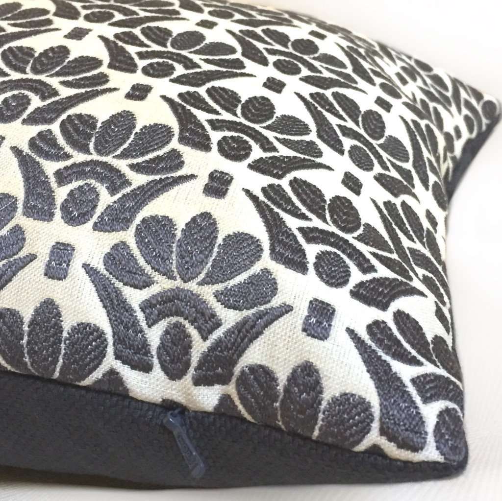 Designer Dark Gray Cream Floral Motif Pillow Cover by Aloriam