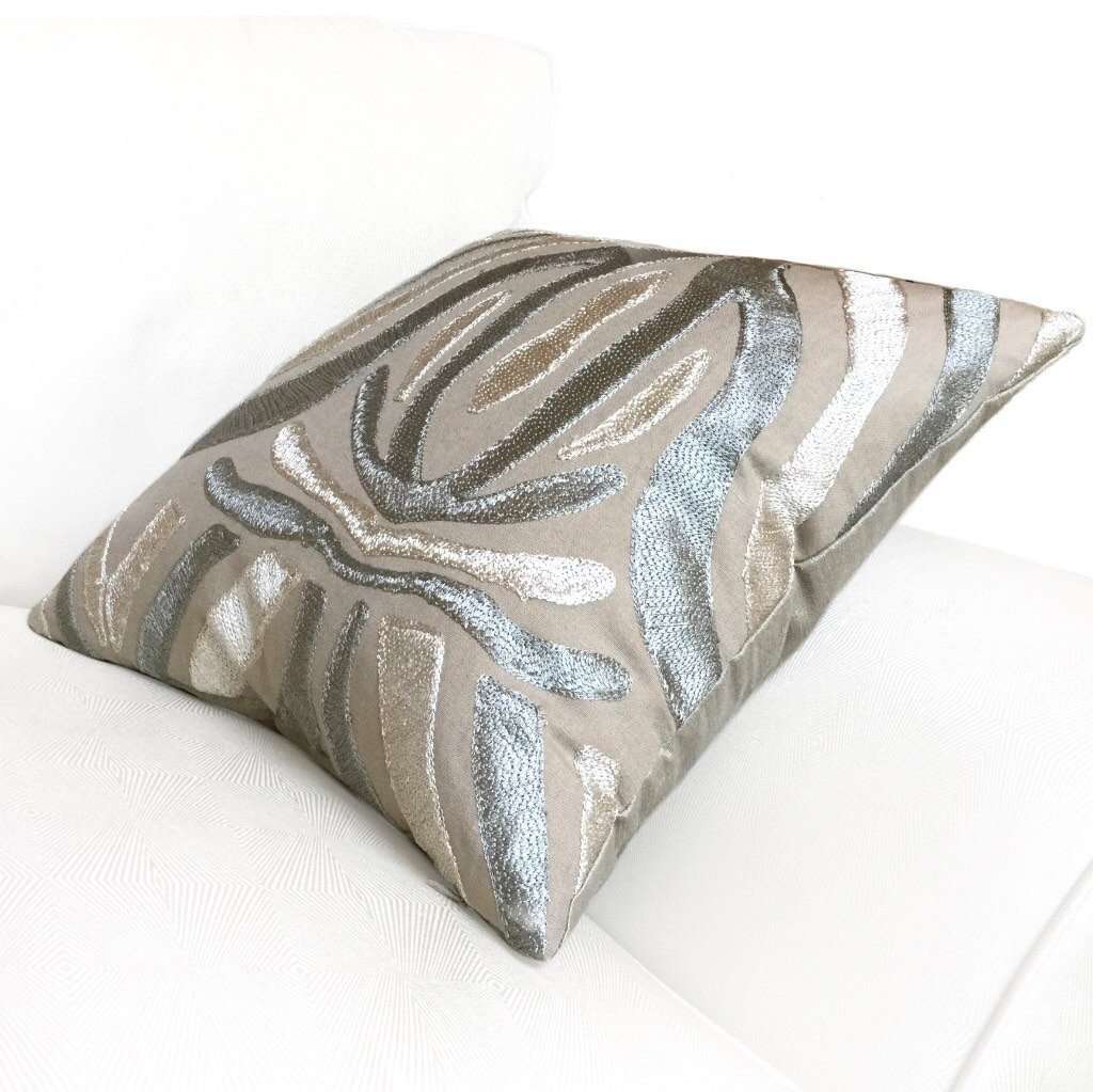 Designer Embroidered Ethnic Tribal Motif Silvery Beige Gray Tan Pillow Cover