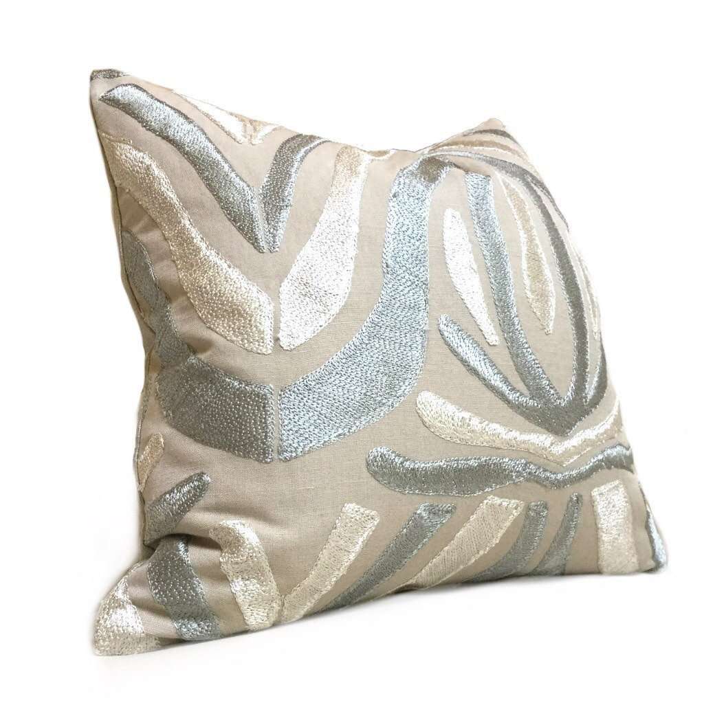 Designer Embroidered Ethnic Tribal Motif Silvery Beige Gray Tan Pillow Cover