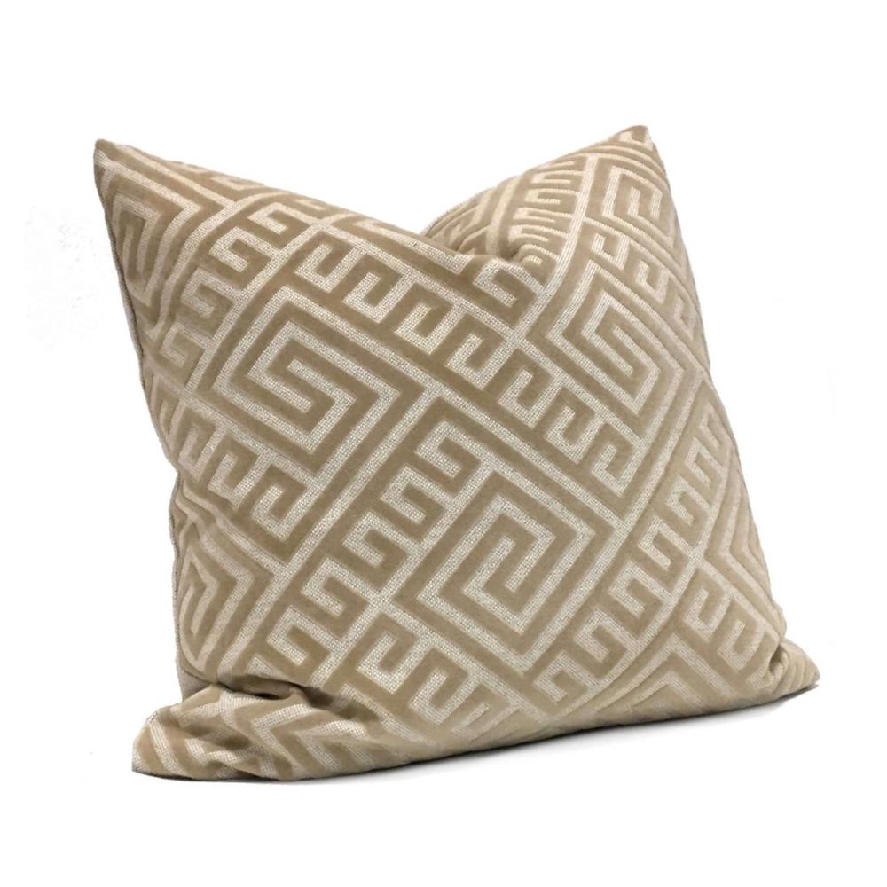 Designer Greek Key Tan Beige Flocked Velvet Pillow Cover by Aloriam