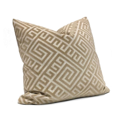 Designer Greek Key Tan Beige Flocked Velvet Pillow Cover by Aloriam